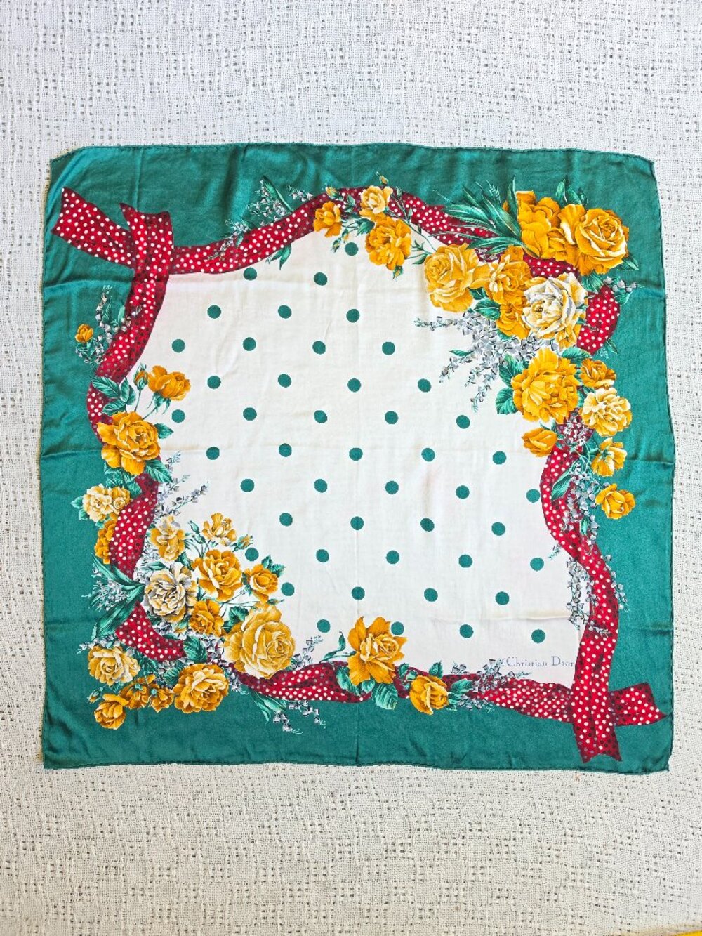 VTG Christian Dior Boutique Scarf Green Polka Dot Yellow Roses Faint Bleed As-Is